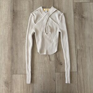 Urban Outfitters Top Womens XS Beige Ribbed Crop V-Neck Long Sleeve